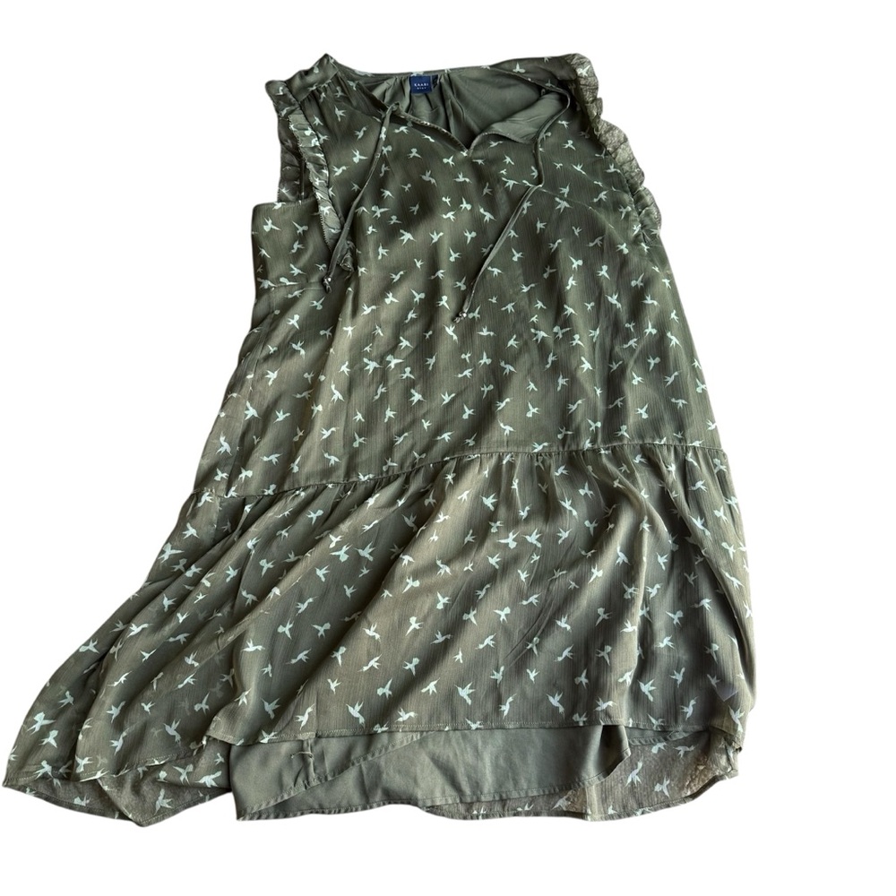 Kaari Blue Olive Dress with Bird Pattern Midi V Neck Size XL Casual Dress